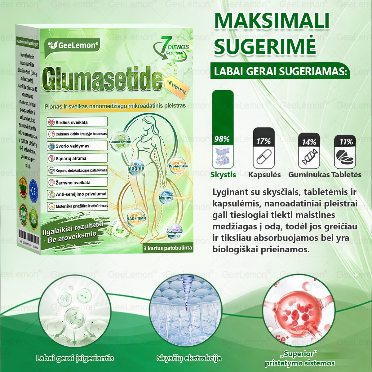 🎁Rekomenduojama Santaros klinikų · 👩‍⚕️ Oficiali „Eurovaistinė“ vaistinė🎁 𝐆𝐞𝑒𝐿𝑒𝐦𝐨𝐧® 𝐆𝐥𝐮𝐦𝐚𝐬𝐞𝐭𝐢𝐝𝐞 8 viename Liekninantis ir sveikatinantis nano pleistras su mikroadatomis 🇱🇹 (Tik kartą per dieną, matomi pokyčiai jau per 7 dienas)  ✅
