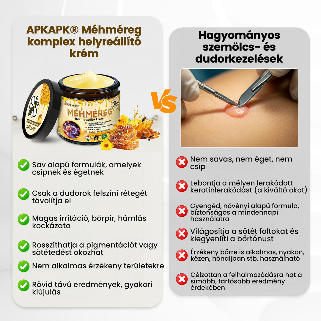 Fájdalommentesen és hatékonyan távolítja el a különböző szemölcsökety👨‍⚕️ APKAPK® Méhméreg Bőrmegújító Krém segít eltávolítani a közönséges, talpi, lapos és fonalas szemölcsöket, valamint a papillómákat