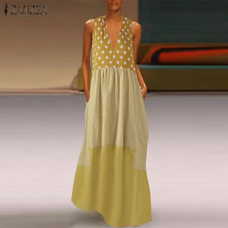 Women's Bohemian Ruffle Sundress  ZANZEA Summer Sleeveless Floral Printed Maxi Long Dress Casual Loose Party Tanks Vestido